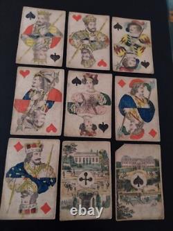 16 cartes Jeu ANCIEN 1860 allemand 12 figure as pique coin coupé carte jauni
