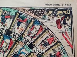 1872 RARE ANCIEN PLATEAU PAPIER JEU DE L'OIE JEU MILITAIRE Epinal Militaria
