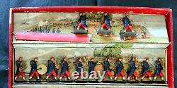 48 Figurines soldats fantassins, zouaves, musique en tôle agrafée FV en boîte