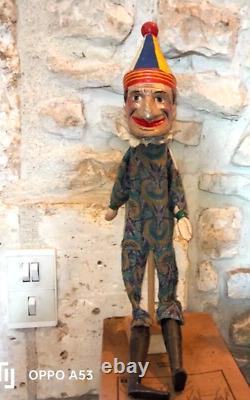 ANCIENNE GRAND MARIONNETTE PUNCH Punch wooden carved hand puppet HEAD 20cm