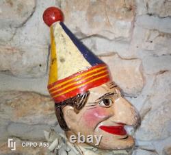 ANCIENNE GRAND MARIONNETTE PUNCH Punch wooden carved hand puppet HEAD 20cm