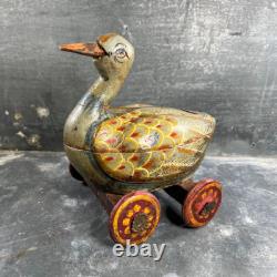 Ancien Jouet à Tirer Canard en Bois Polychrome Vintage. Début XXème