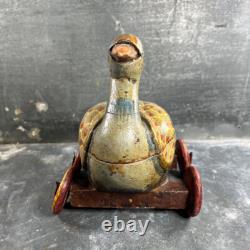 Ancien Jouet à Tirer Canard en Bois Polychrome Vintage. Début XXème