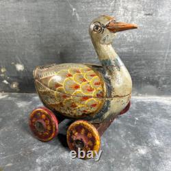 Ancien Jouet à Tirer Canard en Bois Polychrome Vintage. Début XXème