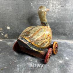 Ancien Jouet à Tirer Canard en Bois Polychrome Vintage. Début XXème