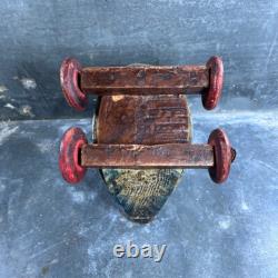 Ancien Jouet à Tirer Canard en Bois Polychrome Vintage. Début XXème