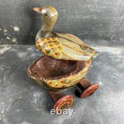 Ancien Jouet à Tirer Canard en Bois Polychrome Vintage. Début XXème