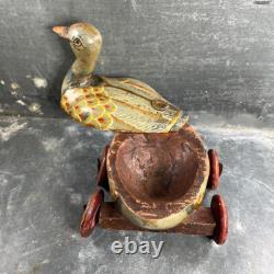 Ancien Jouet à Tirer Canard en Bois Polychrome Vintage. Début XXème
