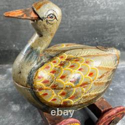 Ancien Jouet à Tirer Canard en Bois Polychrome Vintage. Début XXème