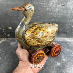 Ancien Jouet à Tirer Canard en Bois Polychrome Vintage. Début XXème