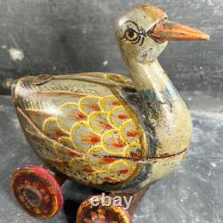 Ancien Jouet à Tirer Canard en Bois Polychrome Vintage. Début XXème