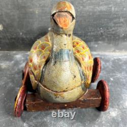 Ancien Jouet à Tirer Canard en Bois Polychrome Vintage. Début XXème