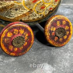 Ancien Jouet à Tirer Canard en Bois Polychrome Vintage. Début XXème