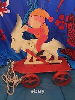 Ancien Jouet à Tirer Composé d'un Bouc & d'un Lutin Articulés
