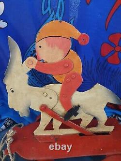 Ancien Jouet à Tirer Composé d'un Bouc & d'un Lutin Articulés