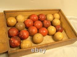Ancien Lot 21 Boules En Bois Peint Billard Jeu Societe