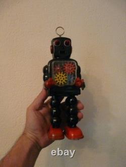Ancien Robot Mecanique A Clef-tole-yoshiya Ko-japon-high Wheel Robot-annee 1960