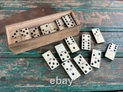 Ancien jeu de dominos en os et bois grand format 4,8 cm XIXe rivet laiton