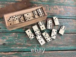 Ancien jeu de dominos en os et bois grand format 4,8 cm XIXe rivet laiton
