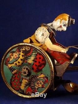 Ancien jouet mécanique tôle LEHMANN BALKY MULE Clown cirque attelage 30s Germany