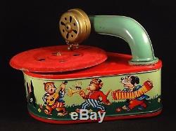 Ancien jouet tôle mécanique Pixiphone Gramophone enfants GAMA D. P Ange 1950