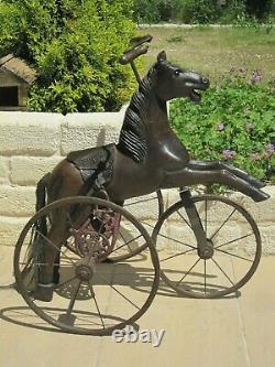 Ancien jouet tricycle cheval en bois métal cuir écrin sulfure fin XIX toy horse
