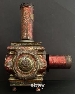 Ancienne Lanterne Magnifique LAPIERRE en tôle polychrome à Têtes de Lions 19ième