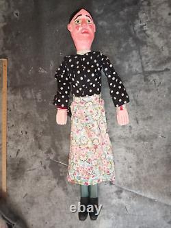 Ancienne marionnette femme à tringle et fils bois tissu d'origine H 49 cm