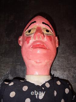 Ancienne marionnette femme à tringle et fils bois tissu d'origine H 49 cm
