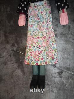 Ancienne marionnette femme à tringle et fils bois tissu d'origine H 49 cm