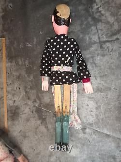Ancienne marionnette femme à tringle et fils bois tissu d'origine H 49 cm