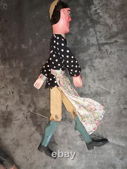 Ancienne marionnette femme à tringle et fils bois tissu d'origine H 49 cm