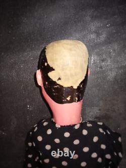 Ancienne marionnette femme à tringle et fils bois tissu d'origine H 49 cm