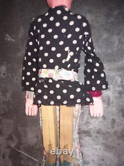 Ancienne marionnette femme à tringle et fils bois tissu d'origine H 49 cm