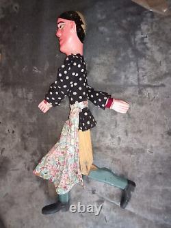 Ancienne marionnette femme à tringle et fils bois tissu d'origine H 49 cm