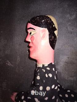 Ancienne marionnette femme à tringle et fils bois tissu d'origine H 49 cm