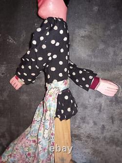 Ancienne marionnette femme à tringle et fils bois tissu d'origine H 49 cm