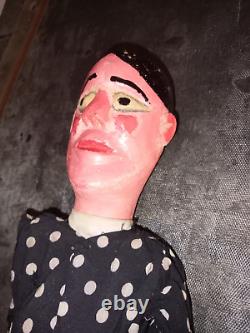 Ancienne marionnette femme à tringle et fils bois tissu d'origine H 49 cm