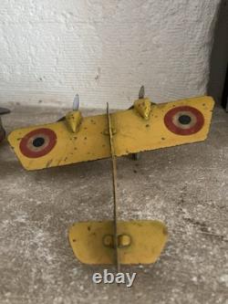 Avion Tôle Découper Ancien Polichinelle Bimoteur Roues Bois 1930 Jouet Hold Jaun