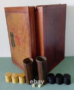 Boîte de jeu de Backgammon ancien Jacquet coffret 2 livres en cuir (Complet)