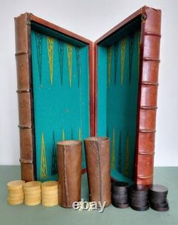 Boîte de jeu de Backgammon ancien Jacquet coffret 2 livres en cuir (Complet)