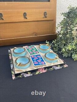 Coffret Ancien de 2 Jeux de Cartes Grimaud et 4 Cendriers Opaline Bleue Vertadec