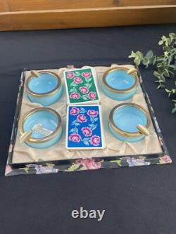 Coffret Ancien de 2 Jeux de Cartes Grimaud et 4 Cendriers Opaline Bleue Vertadec