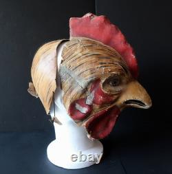 Coq Masque Ancien Adulte Téte Entiére Carton Peint circa 1900 Rooster