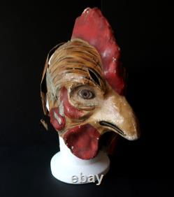 Coq Masque Ancien Adulte Téte Entiére Carton Peint circa 1900 Rooster