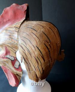 Coq Masque Ancien Adulte Téte Entiére Carton Peint circa 1900 Rooster