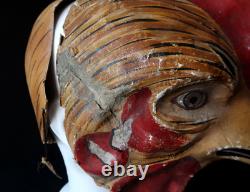 Coq Masque Ancien Adulte Téte Entiére Carton Peint circa 1900 Rooster