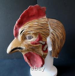Coq Masque Ancien Adulte Téte Entiére Carton Peint circa 1900 Rooster