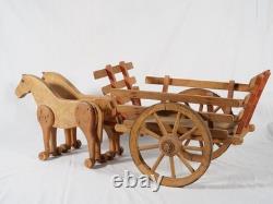 Dejou charrette avec paire de chevaux en bois longueur de 78 cm