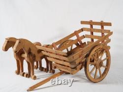 Dejou charrette avec paire de chevaux en bois longueur de 78 cm